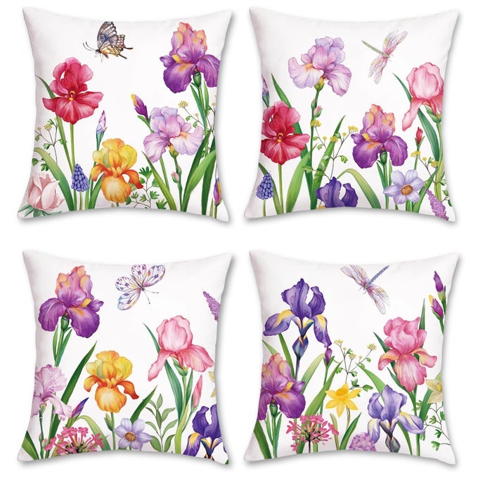 SPRING FLORAL THROW PILLOW COVERS 18 X 18 INCH SET OF 4 PURPLE NARCISSUS IRIS FLOWER DECORATIVE THROW PILLOW CASES SOFT VELVET OUTDOOR CUSHION COVERS FOR SOFA GARDEN COUCH HOME DECOR