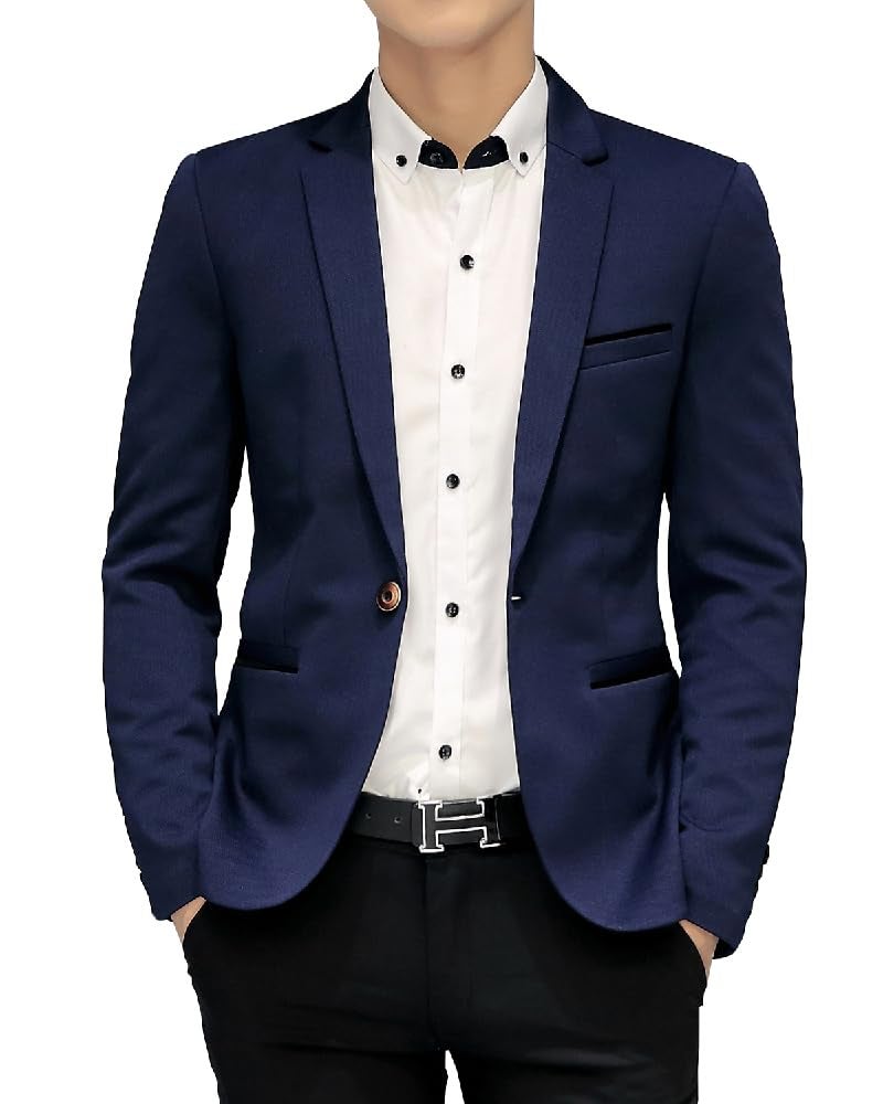 DAVID.ANN Men's Slim Fit Suits Casual One Button Flap Pockets Solid Blazer Jacket,Dark Blue,Large - Image 4