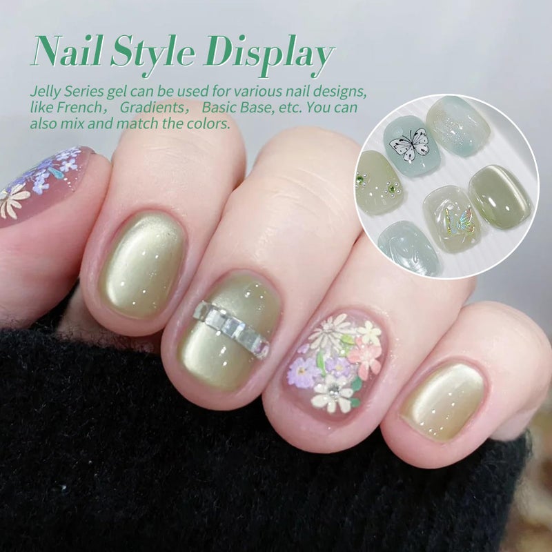 Born Pretty Green Gel Nail Polish,Spring Summer Jelly Transparent Gel Polish,Cat Magnetic Eye,Shimmer Glitter Green Gel Polish Kit for Salon Manicure and Nail Art DIY at Home 6Colors - Image 3