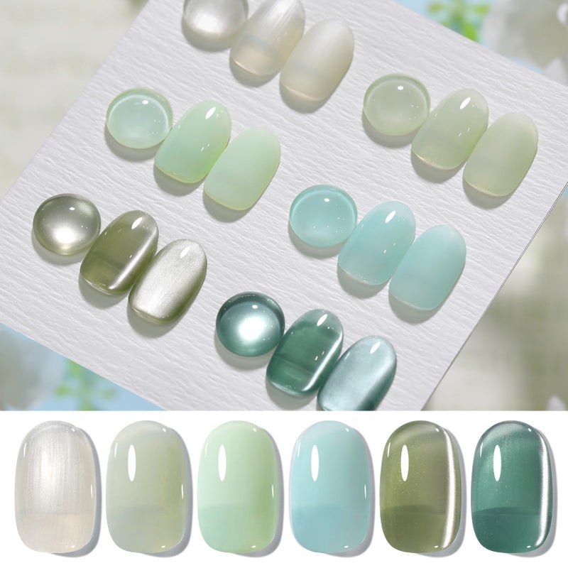 Born Pretty Green Gel Nail Polish,Spring Summer Jelly Transparent Gel Polish,Cat Magnetic Eye,Shimmer Glitter Green Gel Polish Kit for Salon Manicure and Nail Art DIY at Home 6Colors - Image 1