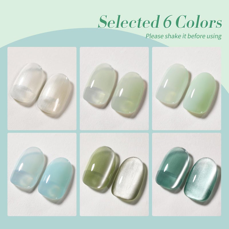 Born Pretty Green Gel Nail Polish,Spring Summer Jelly Transparent Gel Polish,Cat Magnetic Eye,Shimmer Glitter Green Gel Polish Kit for Salon Manicure and Nail Art DIY at Home 6Colors - Image 5
