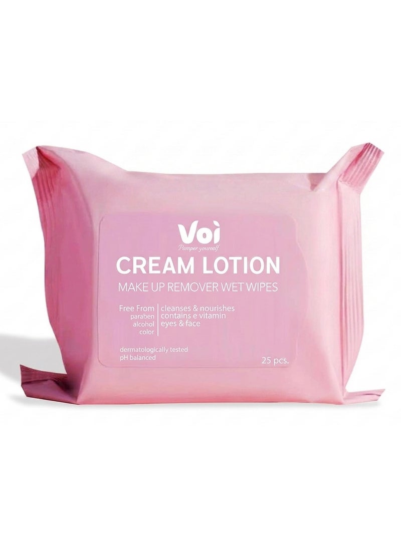 Voi Cream Lotion Make-Up Remover Wet Wipes 25 Wipes - Image 1