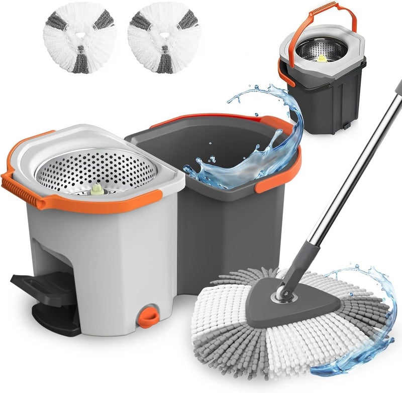 EXVITO 360 Degree Rotation Mop Set with Bucket, Floor Mop Complete Set with Adjustable Stainless Steel Handle & Foot Pedal, Foldable Cleaning Bucket with Super Water Absorbent Mat - Pedal White - Image 1