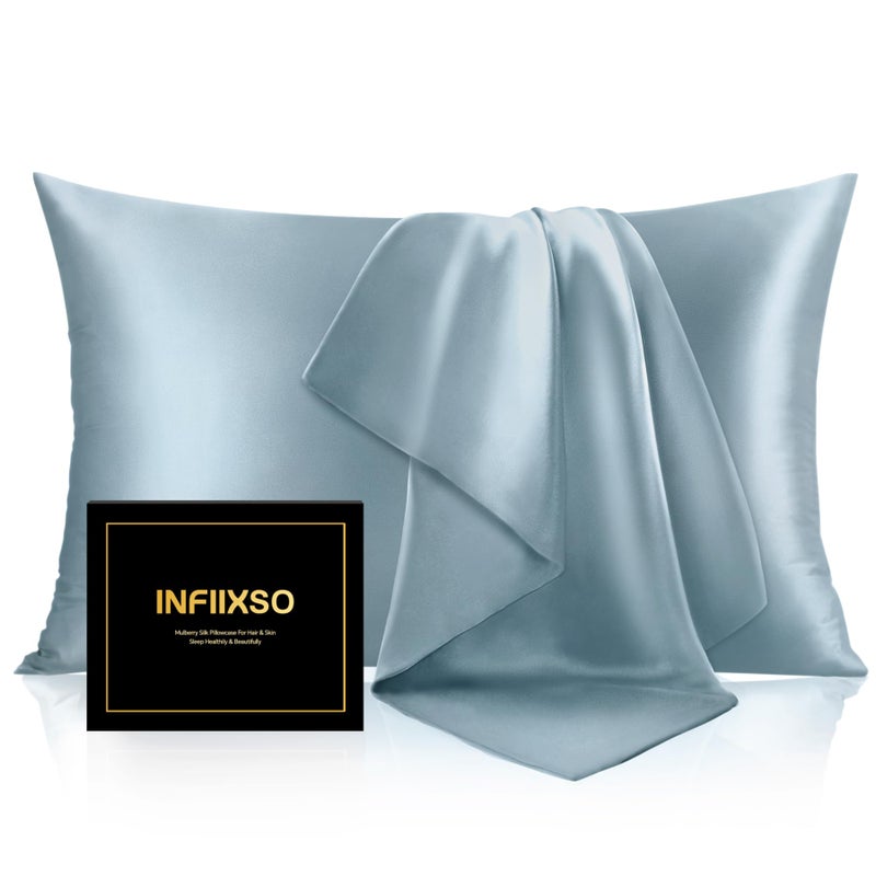 INFIIXSO Mulberry Silk Pillowcase for Hair and Skin  Silk Pillow Cases Standard Size Set of 2 with Hidden Zipper 20""x26""  Ultra Smooth and Soft Cooling Pillow Cases for Hot Sleepers(Airy Blue 2 Pack) - Image 1