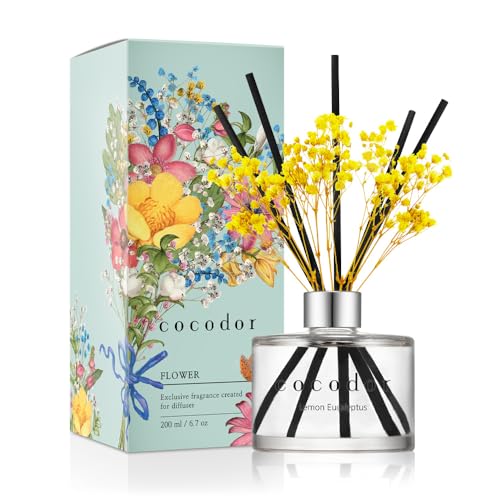 COCODOR Flower Reed Diffuser Set 67oz Lemon EucalyptusScent Diffuser with Sticks Home Fragrance Reed Diffuser for Bathroom Shelf Decor - Image 1