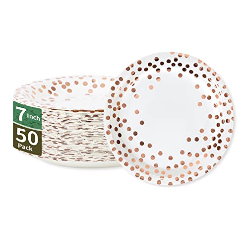 CENLBJ Rose Gold Dots Party Paper Plates 50 PCS Disposable Party Supplies Dessert Paper Plates for BirthdayWedding Birdal Christmas Baby Shower 7 inches - Image 2