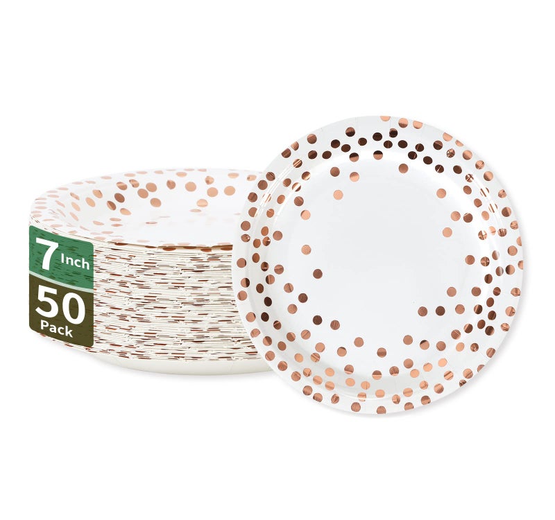 CENLBJ Rose Gold Dots Party Paper Plates 50 PCS Disposable Party Supplies Dessert Paper Plates for BirthdayWedding Birdal Christmas Baby Shower 7 inches - Image 3