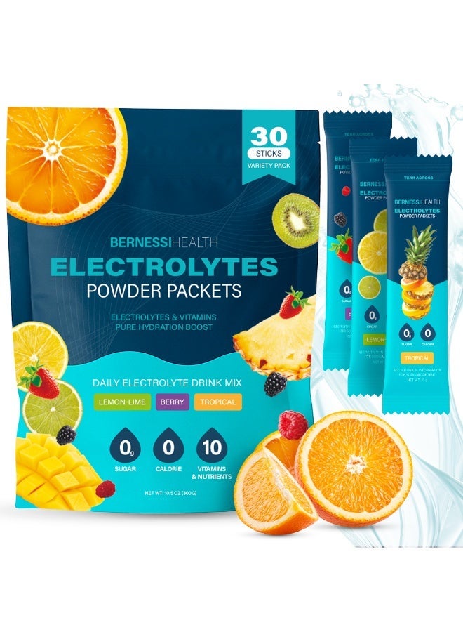 برنيسي عبوات مسحوق الشوارد ، عبوات الترطيب ، مسحوق الشوارد بدون سكر ، مزيج مشروب المنحل بالكهرباء المحمول للترطيب السريع ، خالي من السكر ومنخفض الصوديوم / 0 سعرة حرارية / 3 نكهات / 30 عصا - Image 1