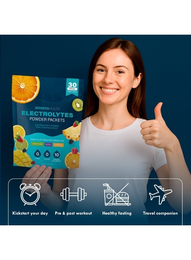 برنيسي عبوات مسحوق الشوارد ، عبوات الترطيب ، مسحوق الشوارد بدون سكر ، مزيج مشروب المنحل بالكهرباء المحمول للترطيب السريع ، خالي من السكر ومنخفض الصوديوم / 0 سعرة حرارية / 3 نكهات / 30 عصا - Image 3