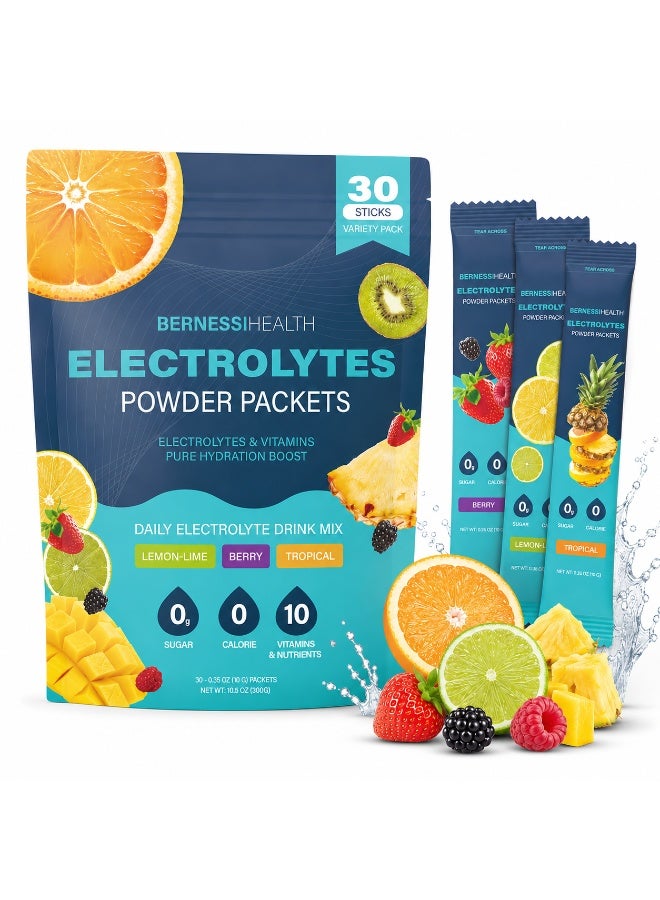 Bernessi Electrolytes Powder Packets, 30 Sticks Hydration Packets Sugar Free, Keto Electrolyte Drink Mix for Rapid Hydration, No Sugar & Low Sodium | 0 Calorie | 3 Flavors - Image 1
