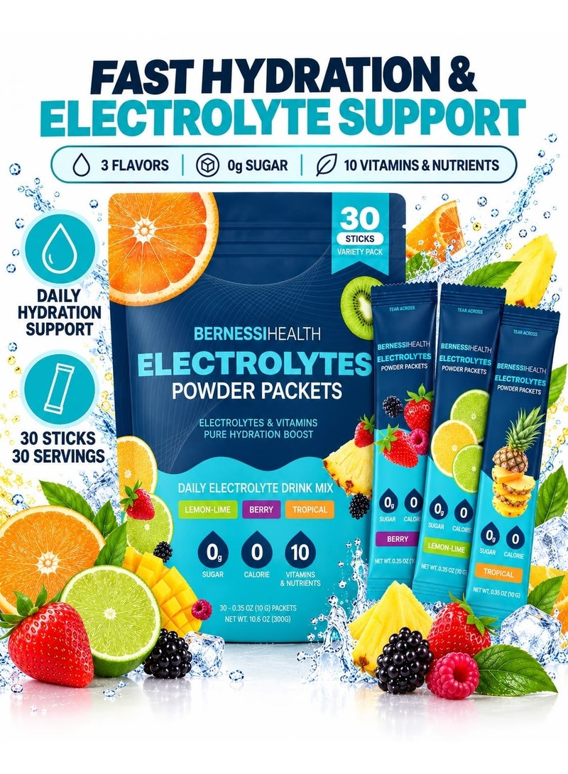 Bernessi Electrolytes Powder Packets, 30 Sticks Hydration Packets Sugar Free, Keto Electrolyte Drink Mix for Rapid Hydration, No Sugar & Low Sodium | 0 Calorie | 3 Flavors - Image 1