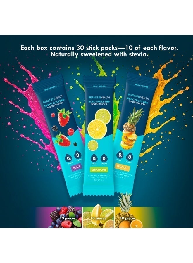 Bernessi Electrolytes Powder Packets, 30 Sticks Hydration Packets Sugar Free, Keto Electrolyte Drink Mix for Rapid Hydration, No Sugar & Low Sodium | 0 Calorie | 3 Flavors - Image 5
