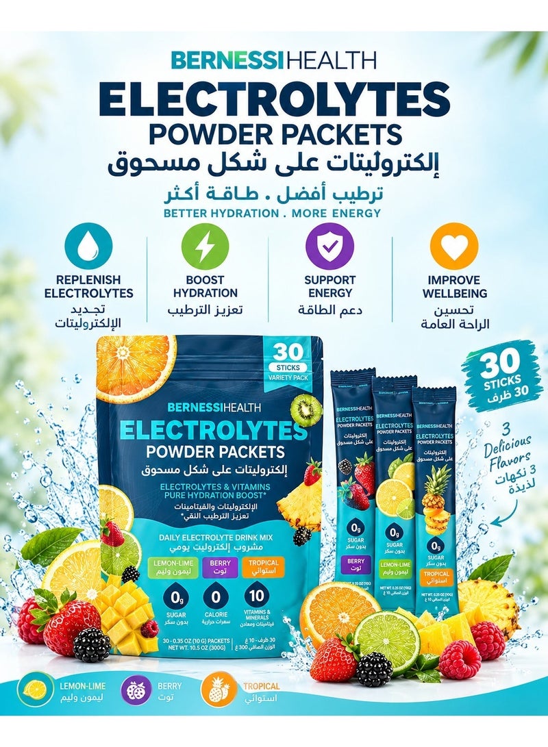 BernessiHealth Electrolytes Powder Packets 30 Sticks, 3 Flavors | Sugar Free, 0 Calorie Electrolyte Drink Mix for Hydration | Sodium, Potassium, Magnesium, Calcium, Vitamins C, B3, B5, B6, B12 & Zinc | Low Sodium - Image 1