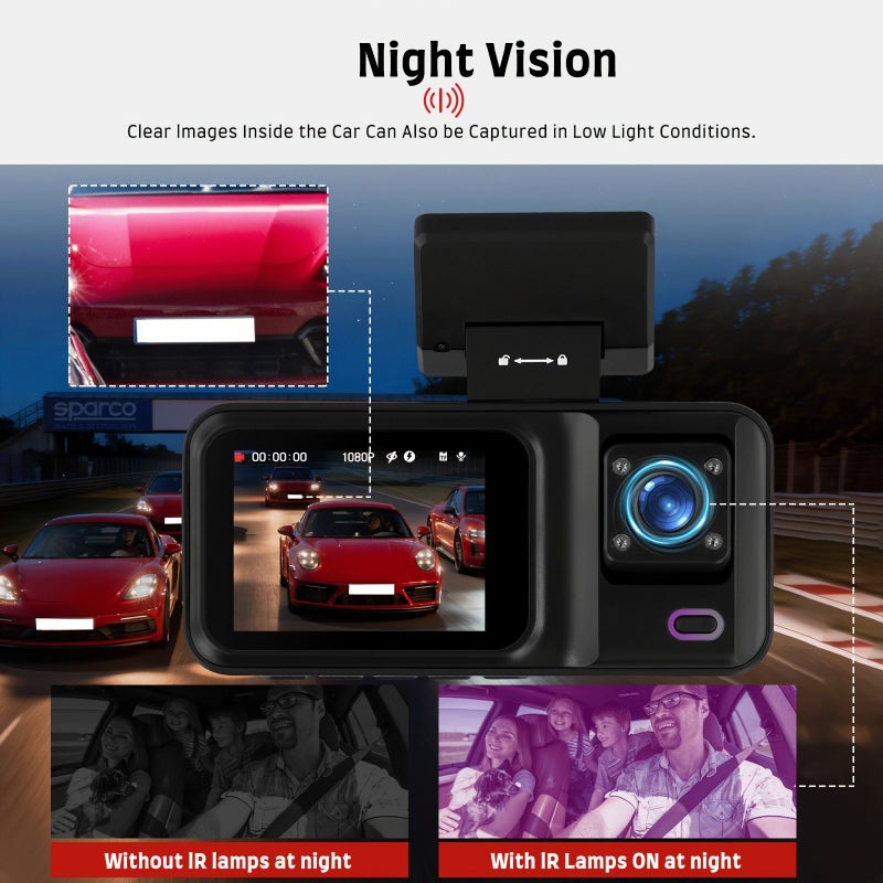 Dual Lens Dash Camera 1080P Front and 720P Interior IR Night Vision G Sensor Parking Monitoring Loop Recording 128GB Memory Card - Image 4