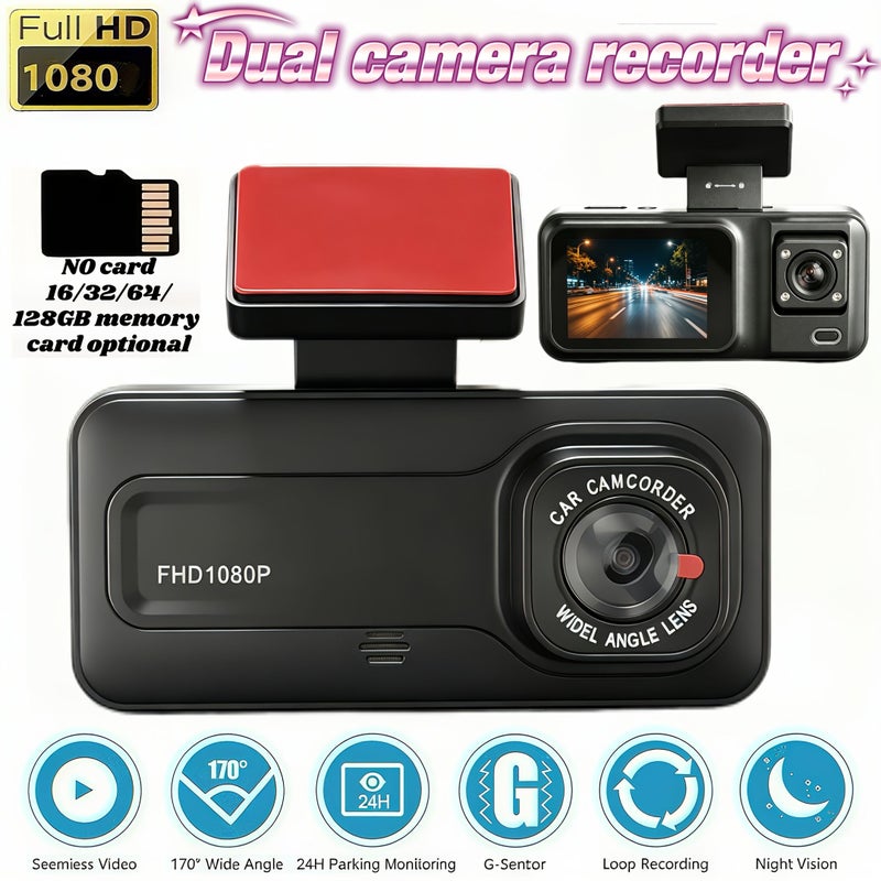 Dual Lens Dash Camera 1080P Front and 720P Interior IR Night Vision G Sensor Parking Monitoring Loop Recording 128GB Memory Card - Image 1