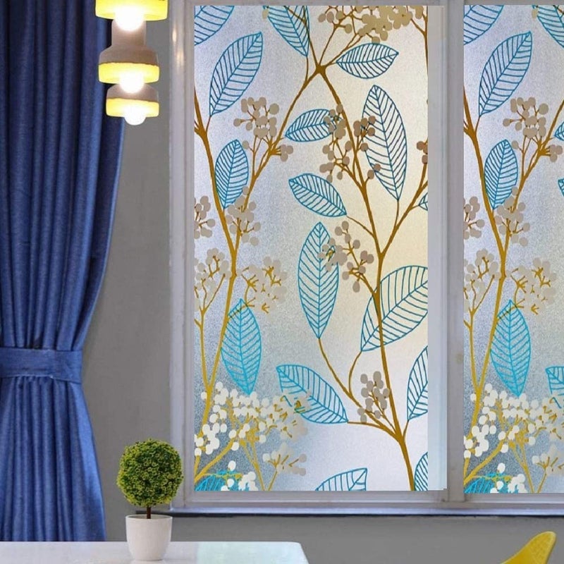 METABOX CREATIONS Metabox Creations Vinyl Frosted Window Self Adhesive Privacy Glass Film For Window GlassDecorative Blue Leaves Window Sticker Wallpaper Vinyl Sheet For Bathroom Home Window Blue Leaves 12X25