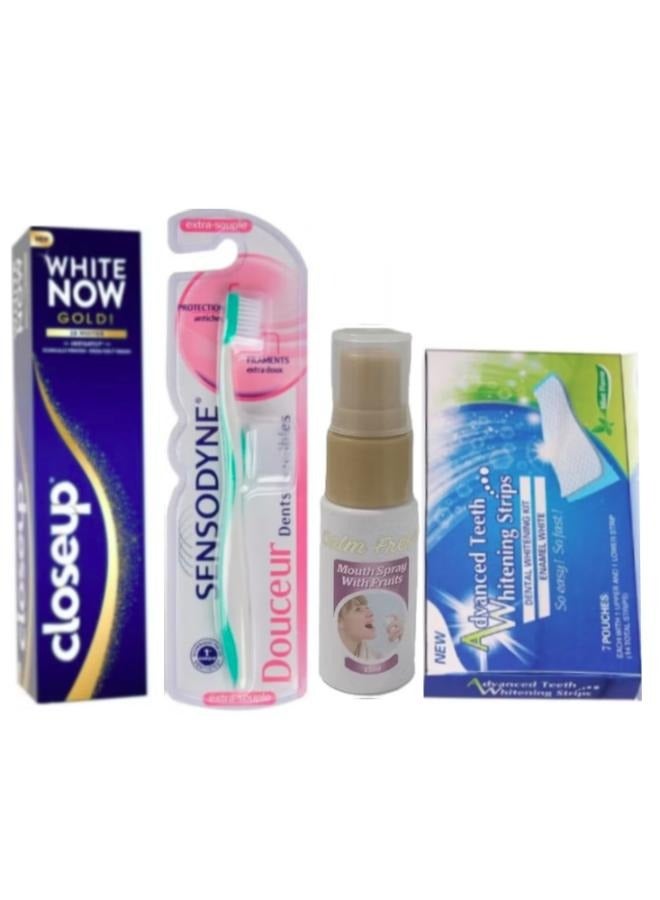 Close Up White Now Gold toothpaste 75 ml along with a Dussior toothbrush with a multi-colored toothbrush holder, in addition to a pack containing 7 strips of dental whitening envelopes with an advanced formula, plus a Kalem Fresh mouth spray with a fruity flavor 15 ml. - Image 1