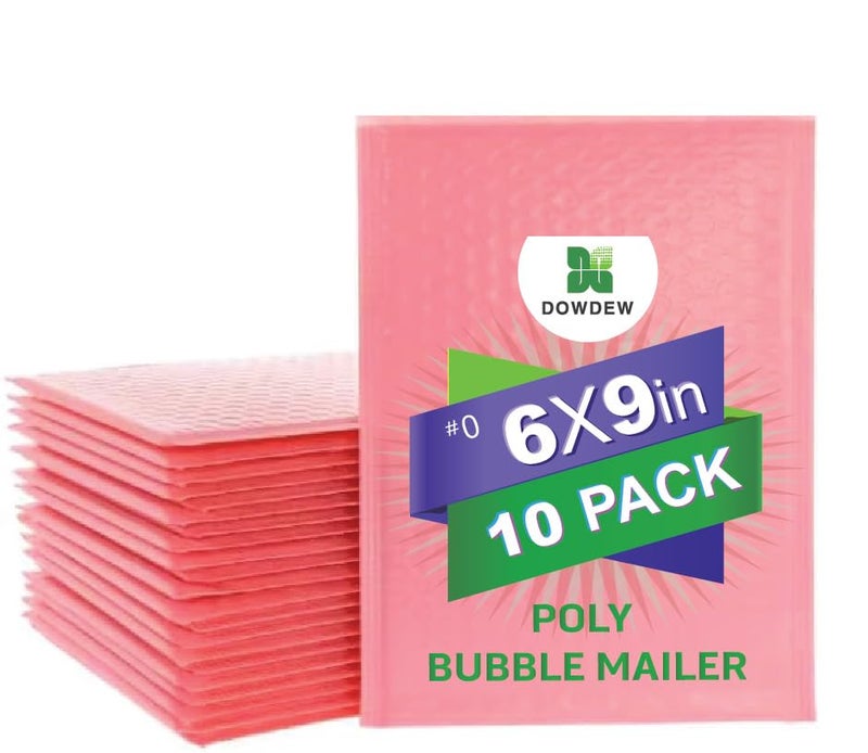 DowDew Water Resistant Bubble Envelope Mailers [10 Pack] 6 inch x 9 inch #0 Pink Poly Padded Shipping Envelopes Self Sealing Cushioned Packaging Bags - Image 1