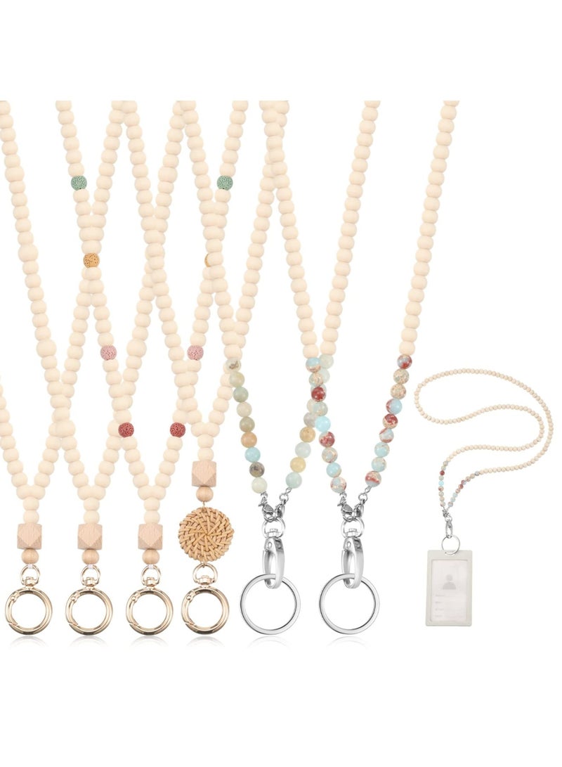 Zikra 6 Pcs Wood Beaded Lanyard for ID Badges and Keys Chain Holder Boho Teacher Breakaway Lanyard Wooden Badge Holder Lanyard Beaded Lanyard Cute Badge Necklace for Women Teacher Nurse Gift, 6 Style - Image 1