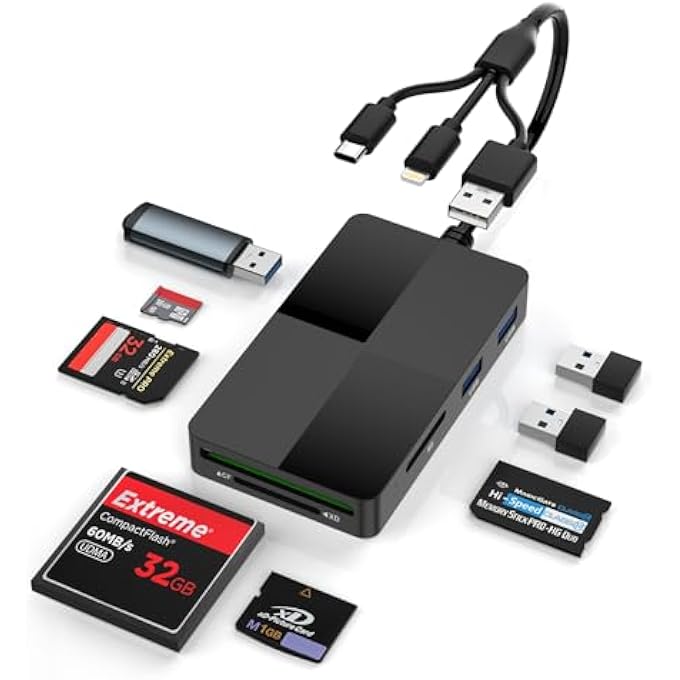 rayihni محول ذاكرة ستك برو ديو 8 في 1 قارئ بطاقات متعددة مع فتحات SD/TF/MS/CF/XD و 3 منافذ USB 2.0، منافذ Lightning + USB A + USB C قارئ ذاكرة ستك برو ديو لجهاز آيفون/آيباد/ويندوز/ماك/كروم OS - Image 1