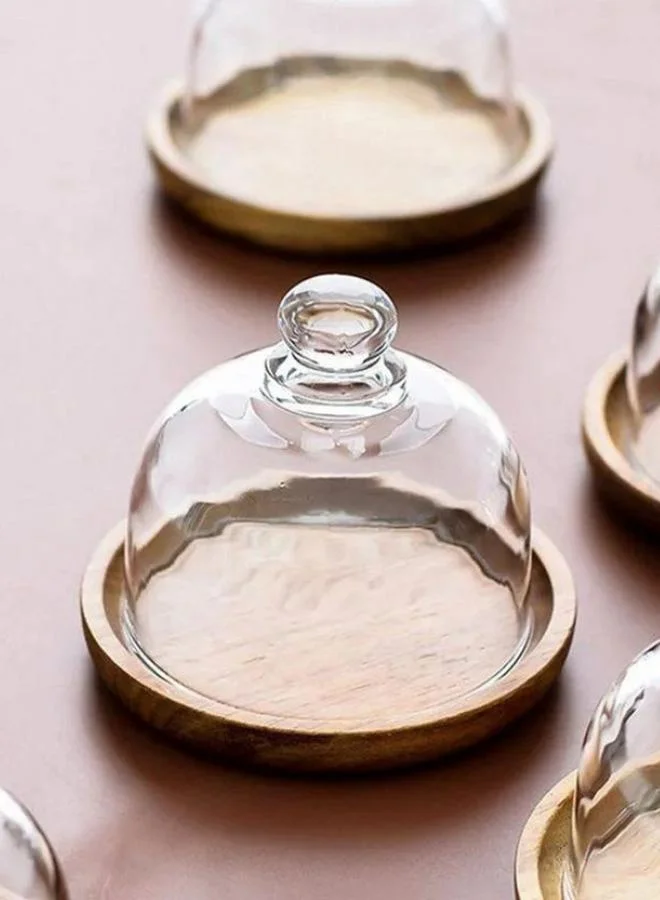 Casa Quesera Quesera 4 Pack Acacia wood platter  with Glass Dome, Glass Dome with Wooden Base, Mini Cake Dome Covers for Cheese Candy Dessert