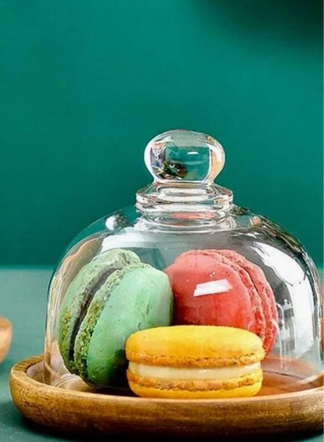 Casa Quesera Quesera 4 Pack Acacia wood platter  with Glass Dome, Glass Dome with Wooden Base, Mini Cake Dome Covers for Cheese Candy Dessert