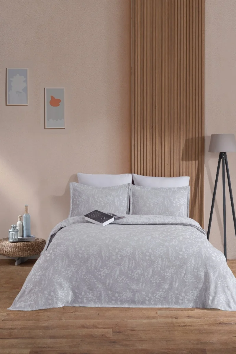 Elart Mokka Linen Look Bedspread Pique Set 3 Piece Double Gray