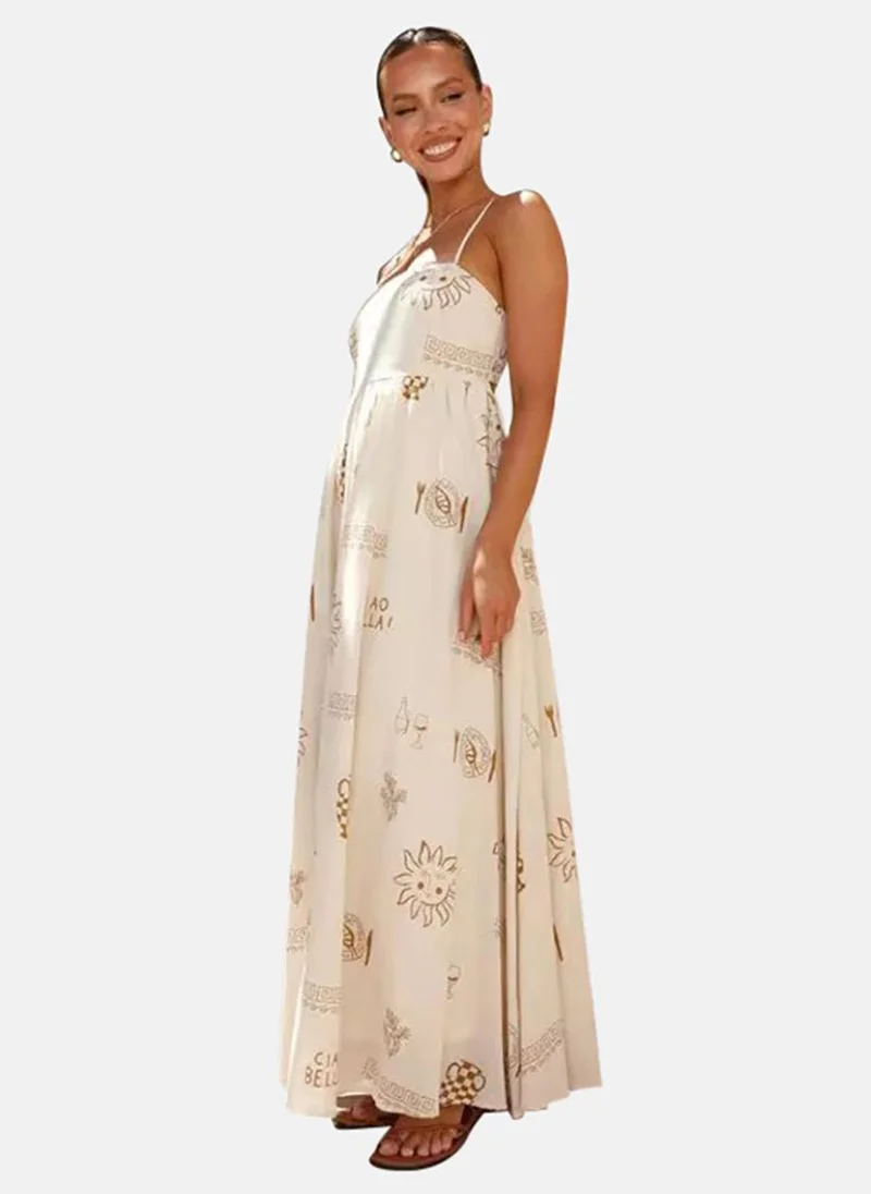 يونيكي Off White Floral Print Chiffon Maxi Dress
