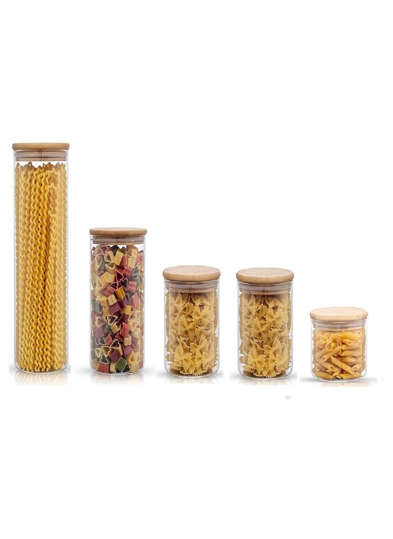 5-Piece Airtight Glass Storage Jars with Bamboo Lids - Round Stackable Kitchen Canisters Set, 550/950x2/1300/2200ml Clear Containers for Coffee, Tea, Sugar, Salt, Beans, Pasta and Dry Food Pantry Organization - pzsku/ZACCBEAC9918FE50EF8F6Z/45/_/1719665004/294bc342-1e99-4ce7-8279-f07955b77ba2