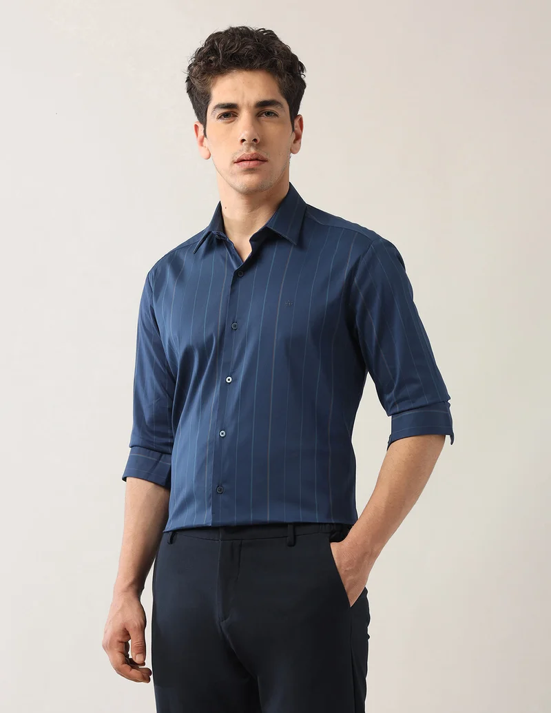 Arrow Navy Dobby Manhattan Slim Fit Shirt for Men | Best Price UAE
