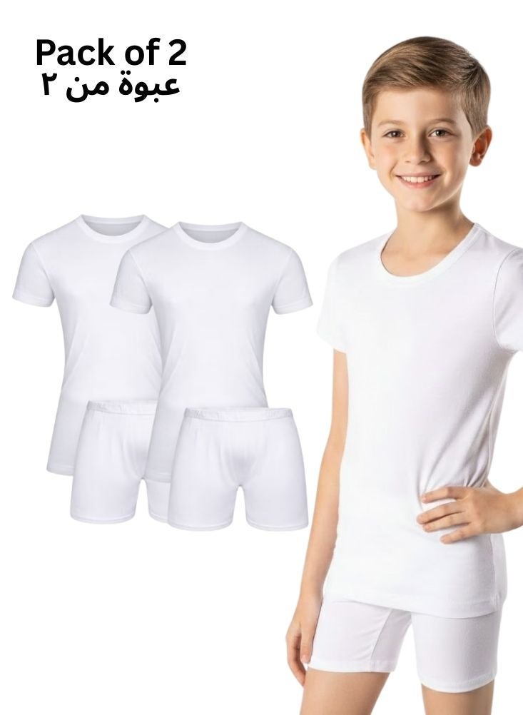 DROSH V Boys White Innerwear Pack of 2 – Comfortable Cotton Undershirt and Shorts Set for Kids - Image 1
