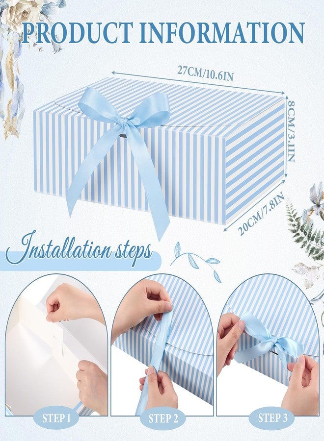 Kolldenn 8 Pcs Blue White Striped Gift Boxes with Lids, 10.6 x 7.8 x 3.1 Inches Bridesmaid Proposal Boxes with Ribbons for Wedding, Packaging, Present, Birthday, Cupcake (Blue and White,Thin Stripes - Image 2