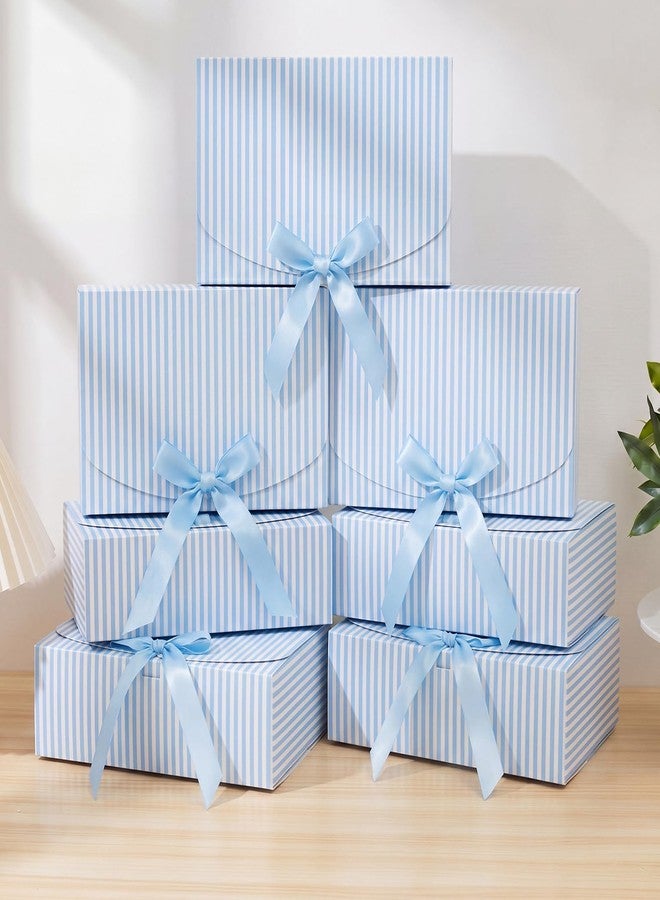 Kolldenn 8 Pcs Blue White Striped Gift Boxes with Lids, 10.6 x 7.8 x 3.1 Inches Bridesmaid Proposal Boxes with Ribbons for Wedding, Packaging, Present, Birthday, Cupcake (Blue and White,Thin Stripes - Image 1