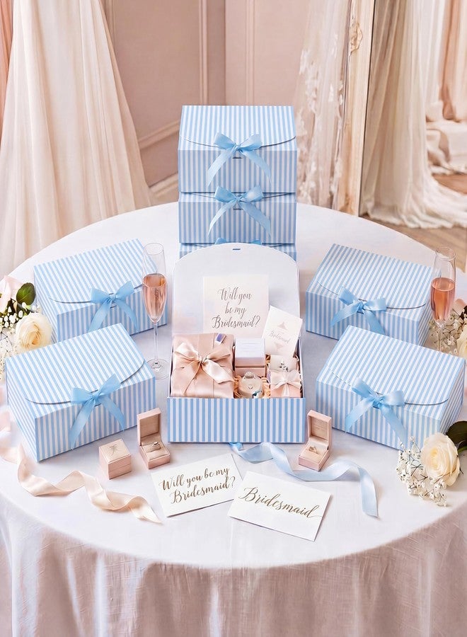 Kolldenn 8 Pcs Blue White Striped Gift Boxes with Lids, 10.6 x 7.8 x 3.1 Inches Bridesmaid Proposal Boxes with Ribbons for Wedding, Packaging, Present, Birthday, Cupcake (Blue and White,Thin Stripes - Image 5