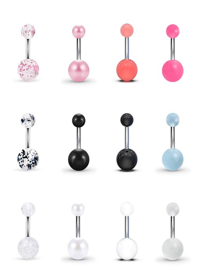 Ftovosyo 12PC Belly Button Rings Banana Barbells 14G Surgical Steel Bar Mix Color Body Piercing Jewelry for Women Pink Black - Image 1