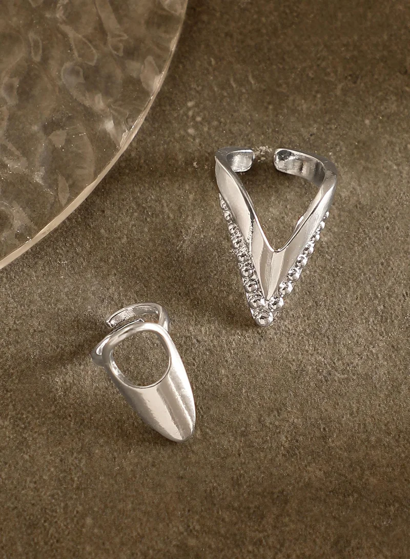 Women The Piercer Nail Ring Set | Metallic Silver Colour | Set Of 2 | One-Size | Artificial Stone Alloy Material | Adjustable Closure | Ring For Casual & Evening Wear