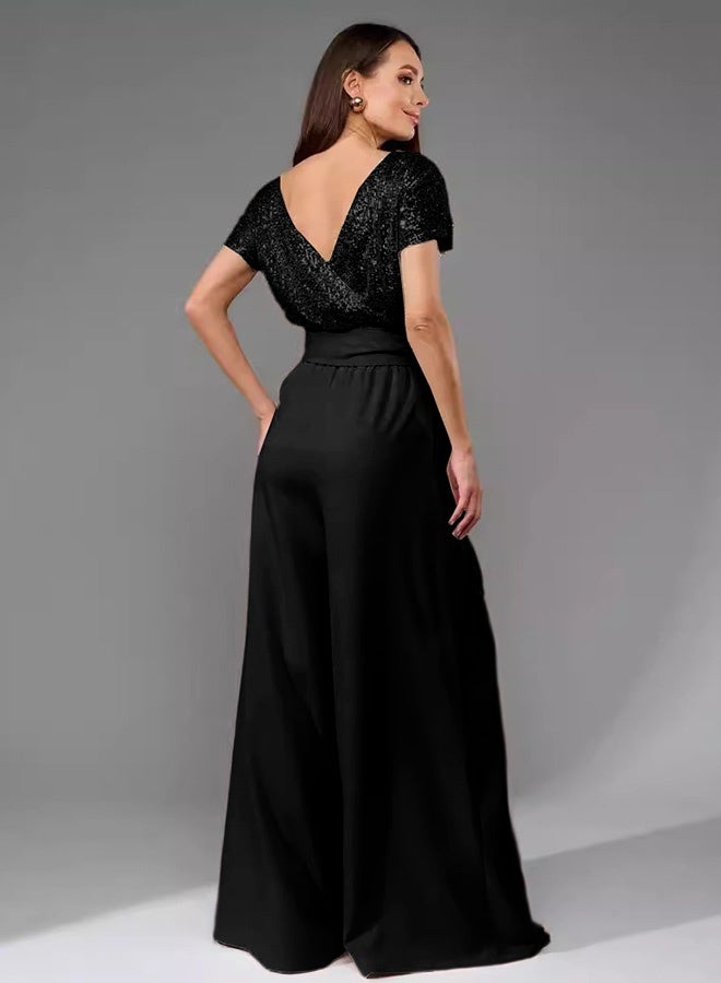 رويس جمبسوت أنيق من الترتر للنساء باللون الأسود مع جزء علوي من الترتر بأكمام قصيرة وبنطلون طويل، جمبسوت أنيق من قطعة واحدة مع حزام خصر مناسب للحفلات المسائية اليومية - Image 3