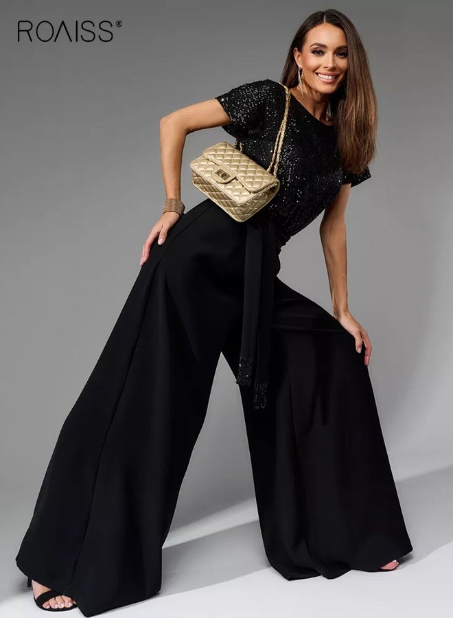 رويس جمبسوت أنيق من الترتر للنساء باللون الأسود مع جزء علوي من الترتر بأكمام قصيرة وبنطلون طويل، جمبسوت أنيق من قطعة واحدة مع حزام خصر مناسب للحفلات المسائية اليومية - Image 4