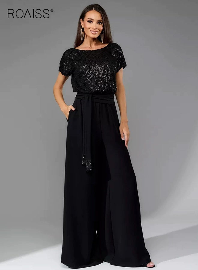 رويس جمبسوت أنيق من الترتر للنساء باللون الأسود مع جزء علوي من الترتر بأكمام قصيرة وبنطلون طويل، جمبسوت أنيق من قطعة واحدة مع حزام خصر مناسب للحفلات المسائية اليومية - Image 1