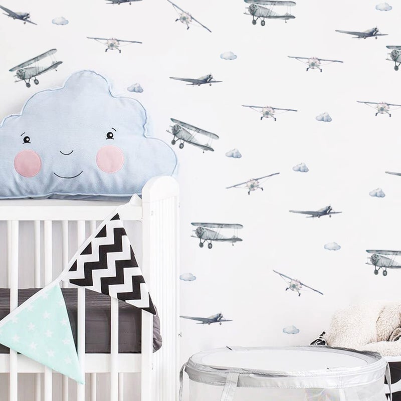 Astrkiz Boy Pintage Planes Wall Scals - Peel and Stick Attloclor Blue Airplane و Clouds Wall Sticker for Baby Boys 'غرفة الأطفال' - Image 4