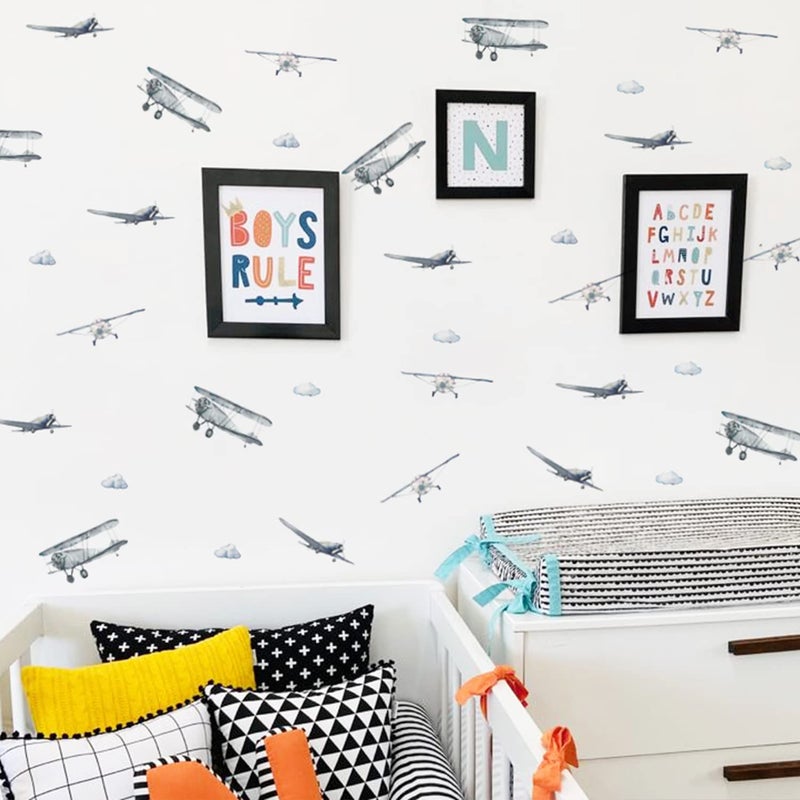 Astrkiz Boy Pintage Planes Wall Scals - Peel and Stick Attloclor Blue Airplane و Clouds Wall Sticker for Baby Boys 'غرفة الأطفال' - Image 1