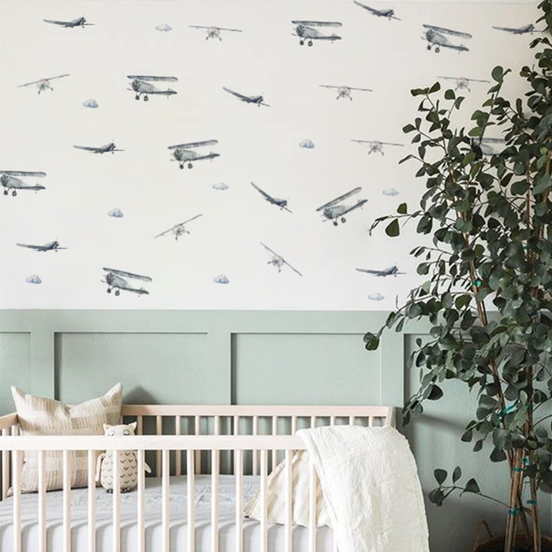 Astrkiz Boy Pintage Planes Wall Scals - Peel and Stick Attloclor Blue Airplane و Clouds Wall Sticker for Baby Boys 'غرفة الأطفال' - Image 3