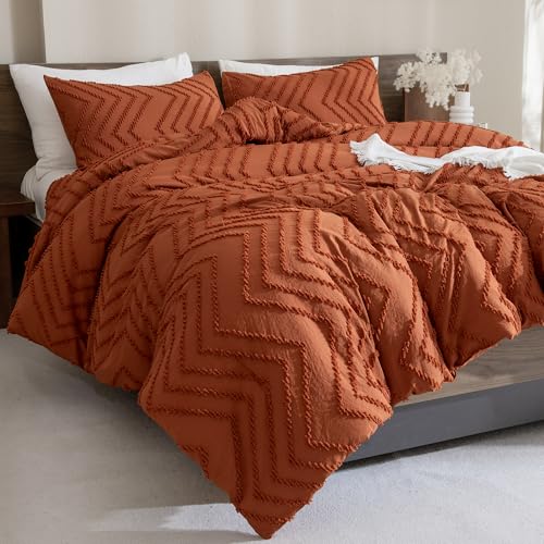 Andency Burnt Orange Comforter for Queen Size Bed, Boho Terracotta Soft Warm Bedding Comforter Sets for Queen Bed, 3 Pieces Rust Chevron Tufted Aesthetic Microfiber Lightweight Comforter Set - Image 1
