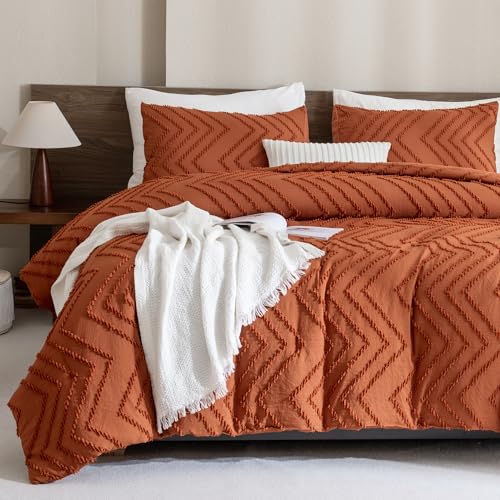 Andency Burnt Orange Comforter for Queen Size Bed, Boho Terracotta Soft Warm Bedding Comforter Sets for Queen Bed, 3 Pieces Rust Chevron Tufted Aesthetic Microfiber Lightweight Comforter Set - Image 2