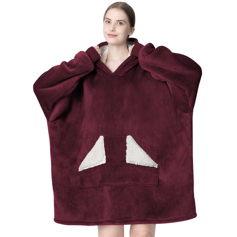 Touchat Wearable Blanket Hoodie Oversized Sherpa Blanket Sweatshirt with Hood Pocket and Sleeves Super Soft Warm Comfy Plush Hooded Blanket for Adult Women Men One Size Fits All Wine