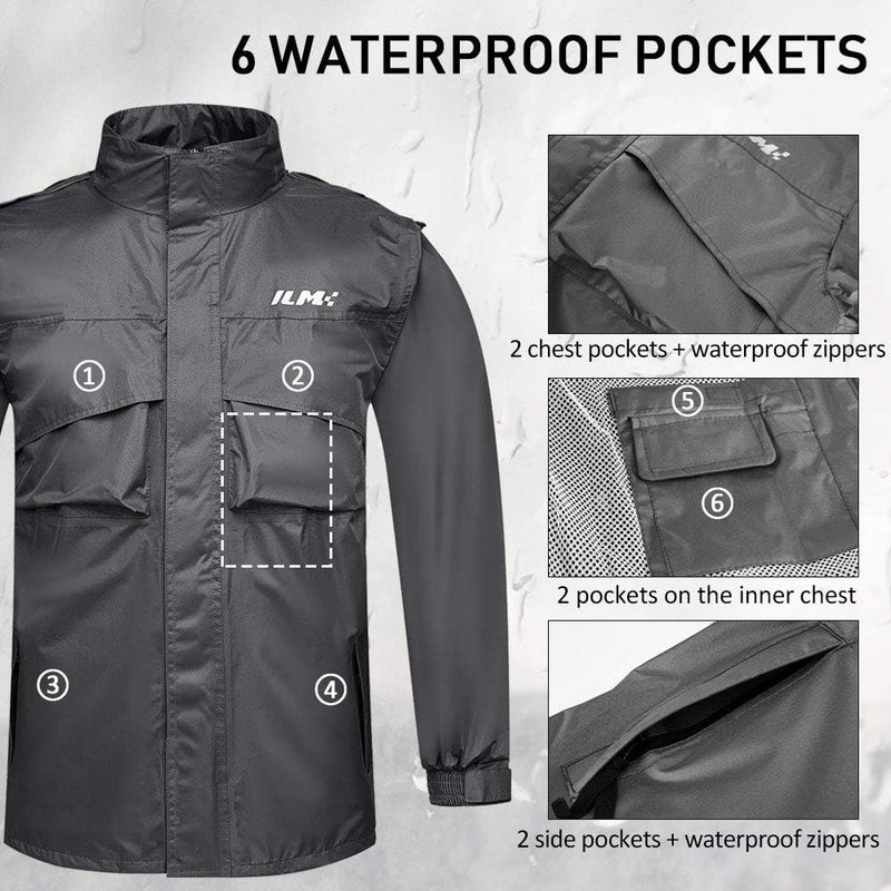 ILM Motorcycle Rain Suit Waterproof 2 Piece Set with Jacket and Pants - Gray - Image 4