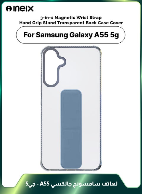 3-in-1 Magnetic Wrist Strap Hand Grip Stand Transparent Back Case Cover for Samsung Galaxy A55-Sky Blue