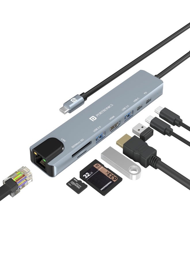 Portronics Mport 8 USB-C USB Hub/Docking Station(8-in-1) with 4K 30Hz HDMI, 100 Mbps Ethernet, USB 3.0, microSD/SD Card Reader, Type-C Data, PD Charging, USB 2.0, Type-C Plug for Laptop, Mac, PC - Image 1