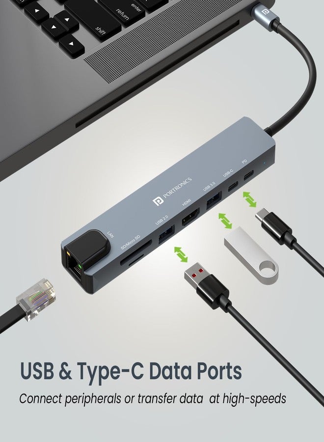 Portronics Mport 8 USB-C USB Hub/Docking Station(8-in-1) with 4K 30Hz HDMI, 100 Mbps Ethernet, USB 3.0, microSD/SD Card Reader, Type-C Data, PD Charging, USB 2.0, Type-C Plug for Laptop, Mac, PC - Image 4