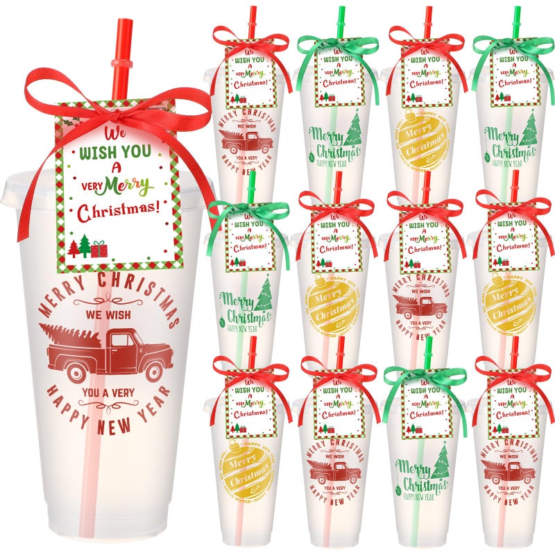 Mimorou 12 Set Christmas Cup Gifts Bulk Coffee Gift Card Holder with Cards Clear Plastic Tumblers with Lid Straw Thank You Cards Christmas Party Favors for Xmas Gift Teacher Coworker Festive - Image 2